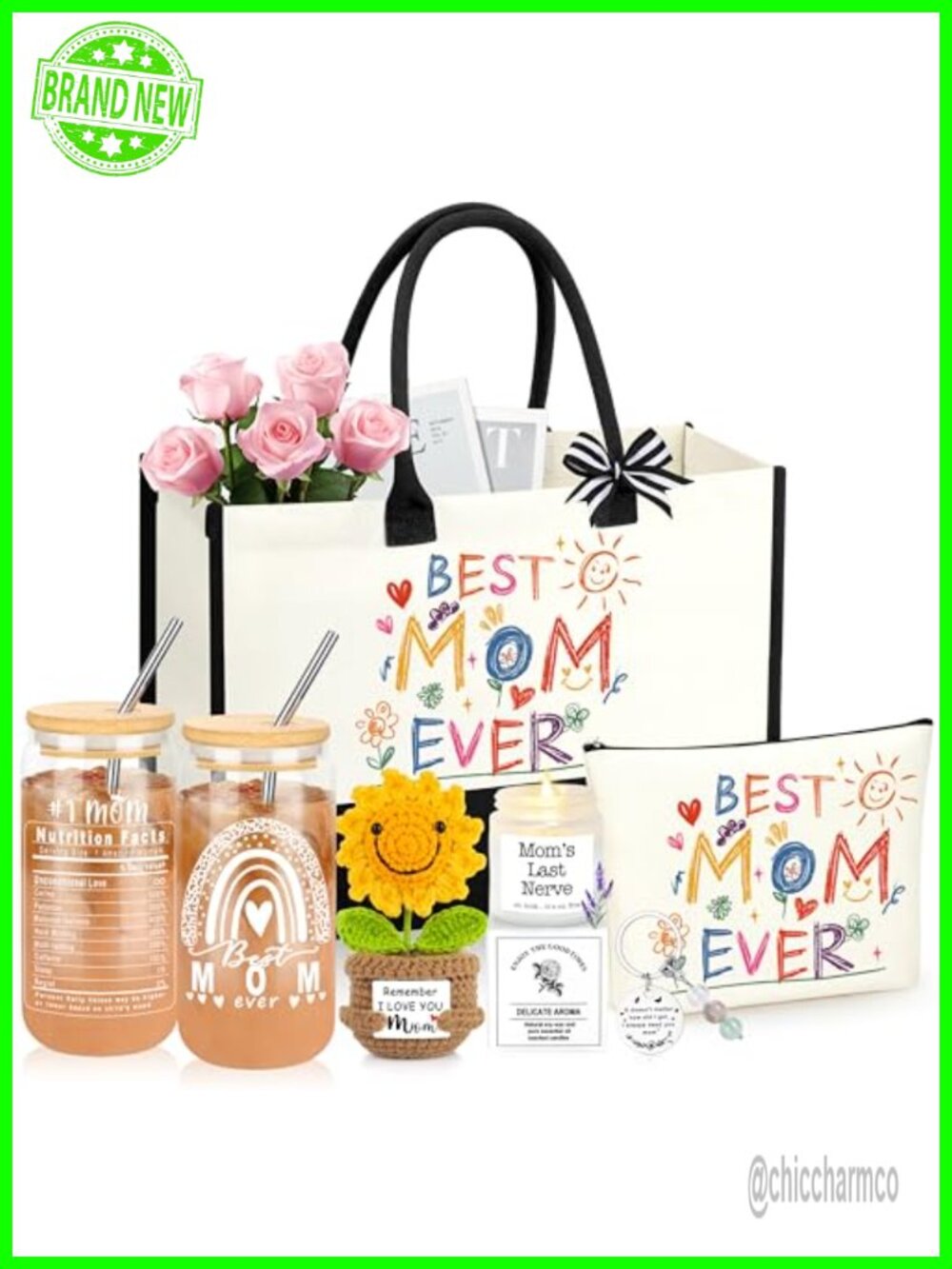 Canvas Tote Bag Set for Mom with Glass Tumbler Gift Box 7 Piece